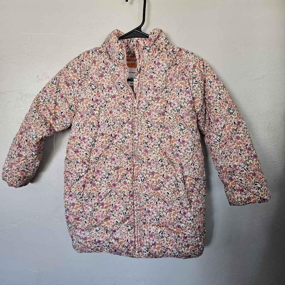 Amazon Essentials Girls Small 6-7 Floral Quilted Puffer Jacket Pink Beige Sherpa